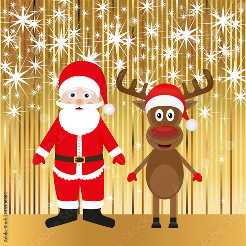 Santa Claus and Christmas reindeer on a gold background