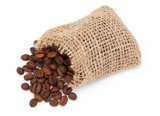coffee beans in burlap bag isolated on white background
