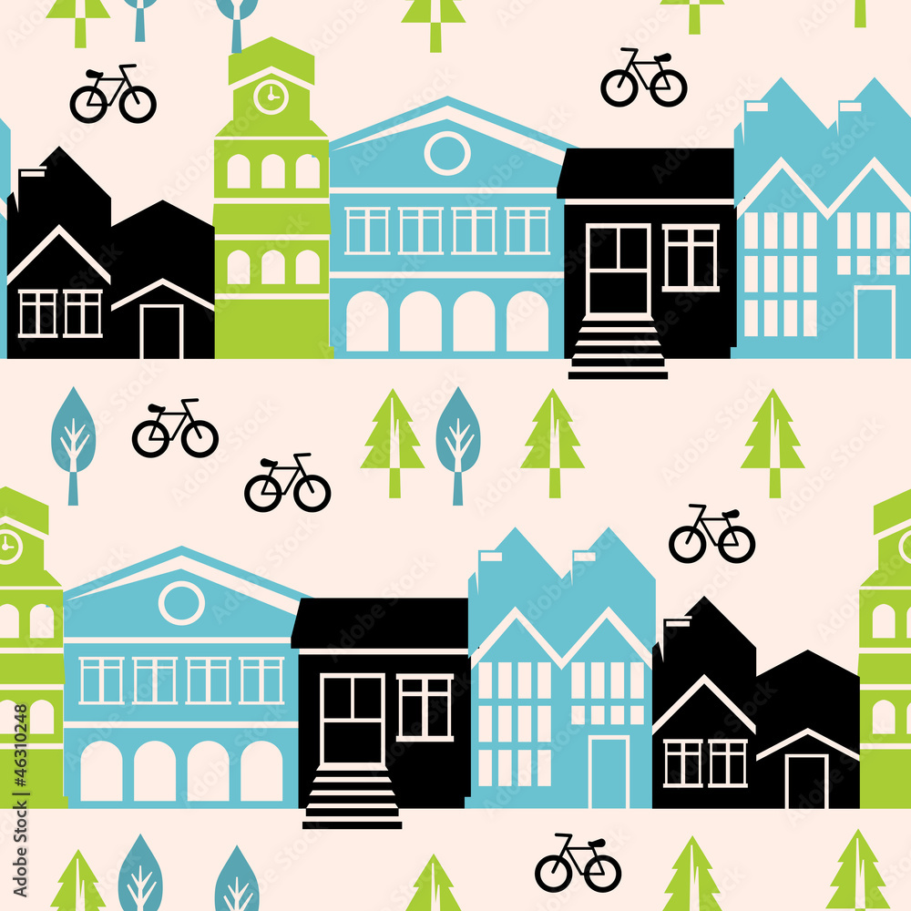 Vector seamless pattern with houses and buildings