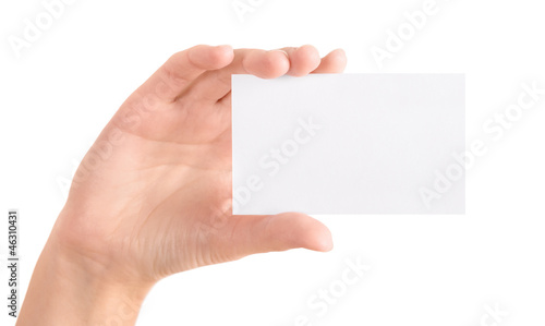 Hand holding blank business card isolated