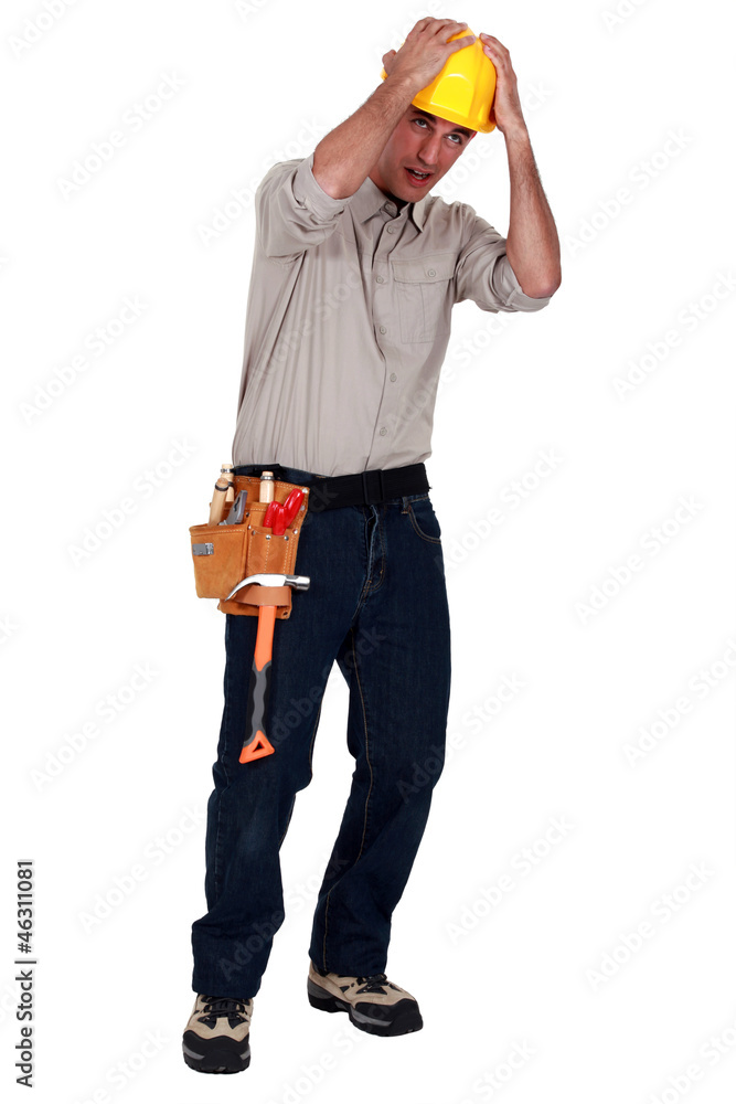 A construction afraid of something falling. A construction afraid of something falling.