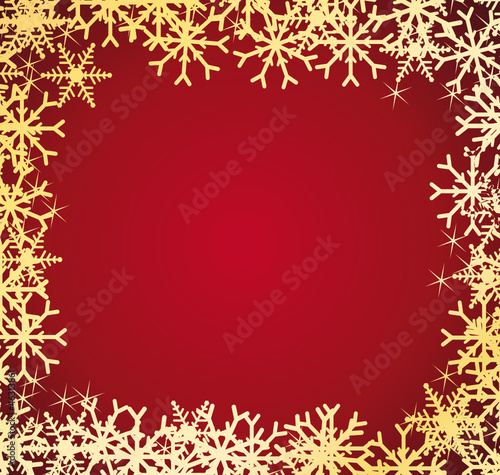 Red and gold snowflakes frame. Festive background.