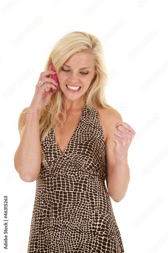 woman spotted dress mad phone woman spotted dress mad phone