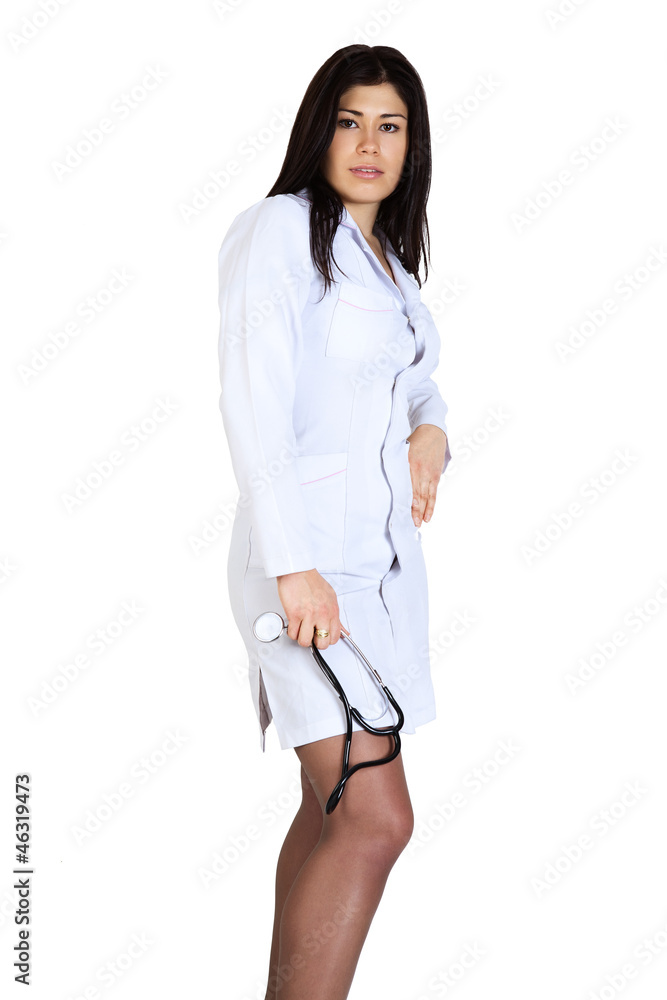 Doctor woman with arms crossed against white background. Doctor woman with arms crossed against white background.