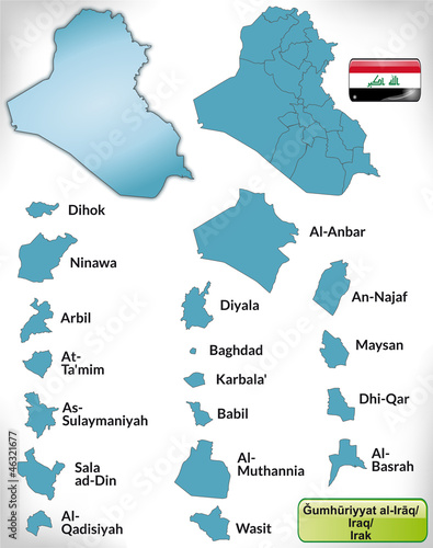 Übersichtskarte von der Republik Irak mit Grenzen und Flagge