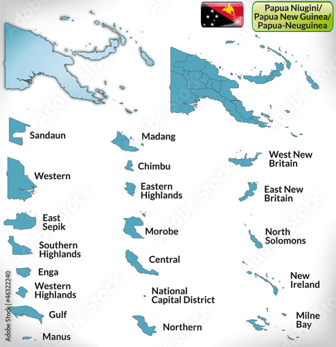 Übersichtskarte von Papua-Neuguinea mit Grenzen und Flagge
