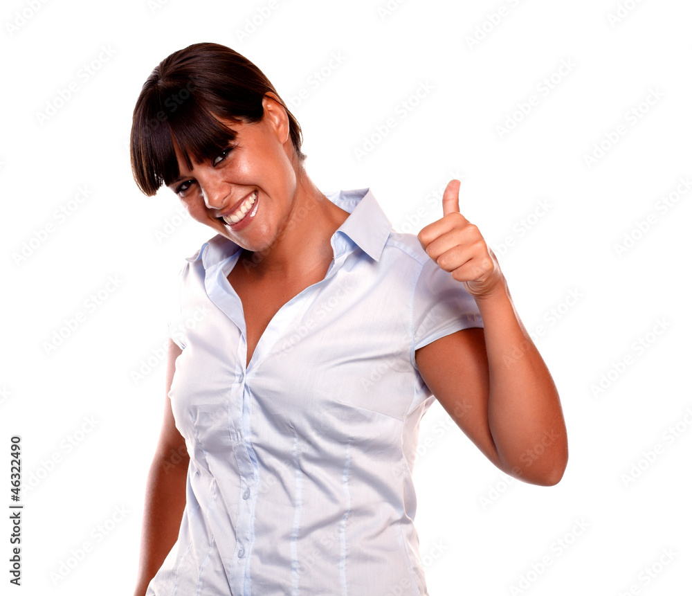 Happy young woman saying great job looking at you Happy young woman saying great job looking at you