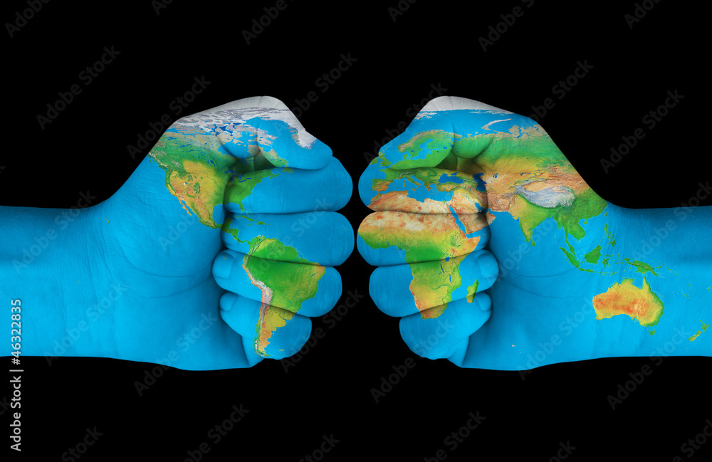 Map painted on hands showing concept -crash of the world Stock Photo ...