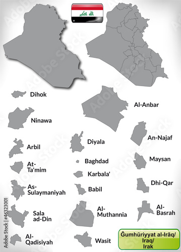 Übersichtskarte von der Republik Irak mit Grenzen und Flagge