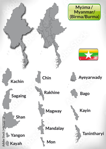 Übersichtskarte von Myanmar (Birma) mit Grenzen und Flagge