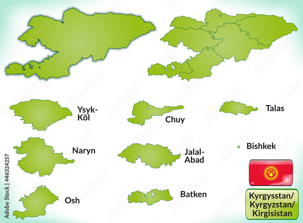 Obraz premium Übersichtskarte von Kirgisistan mit Grenzen und Flagge