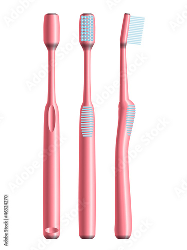 Front, side and back views of pink toothbrush. Eps10