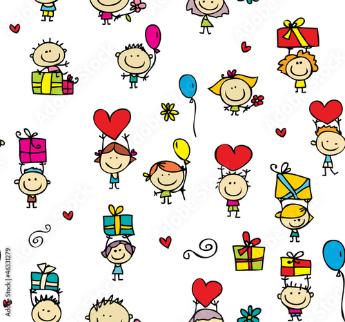 Happy doodle chidren with gifts seamless background