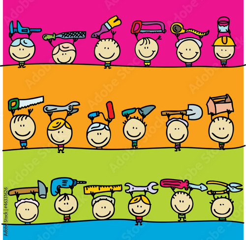 Set of doodle borders of happy kids with hardware tools