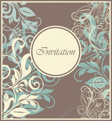 Damask invitation vintage card with floral elements.