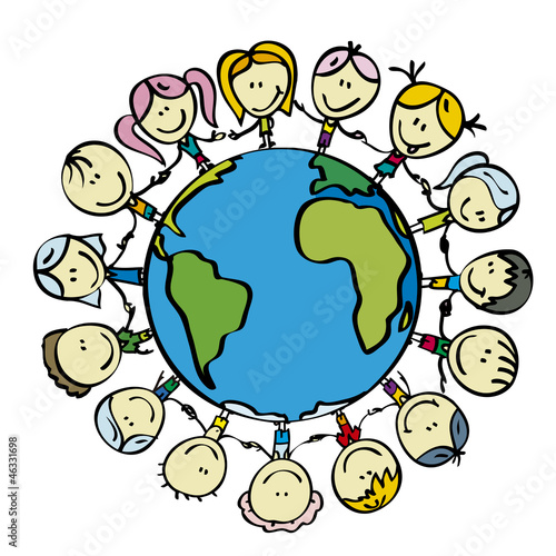 Kids around the world save the planet earth holding hands