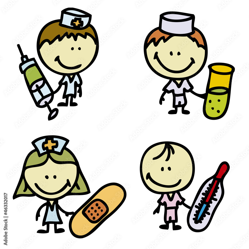 Set of doodle happy children plays hospital