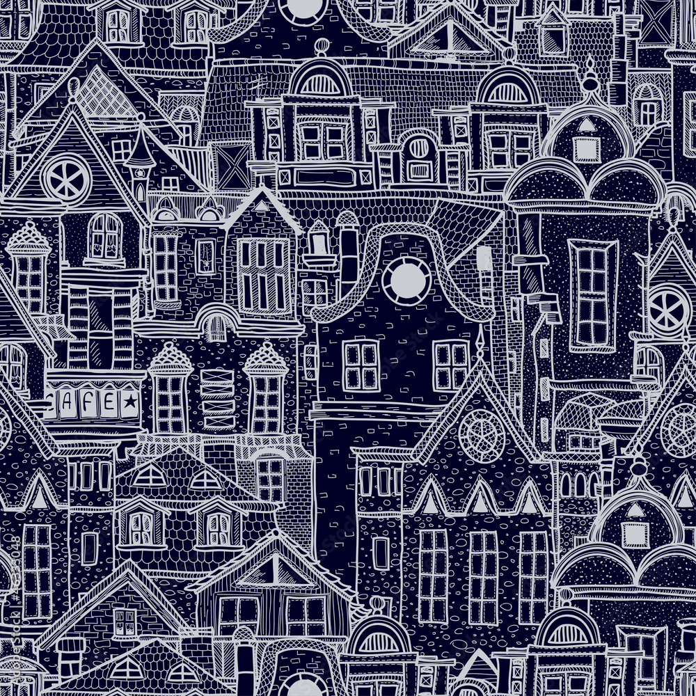 Hand-drawn seamless pattern with old town