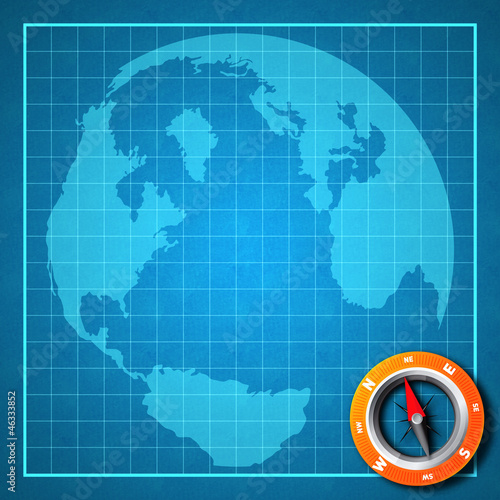 Earth blue print map with compass