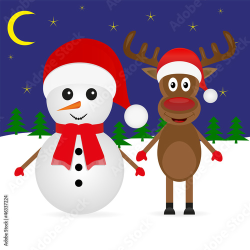 Christmas deer and snowman in the woods