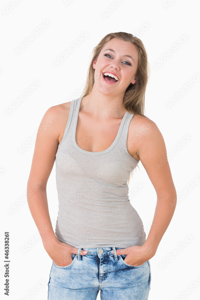 Woman laughing while looking casual Woman laughing while looking casual