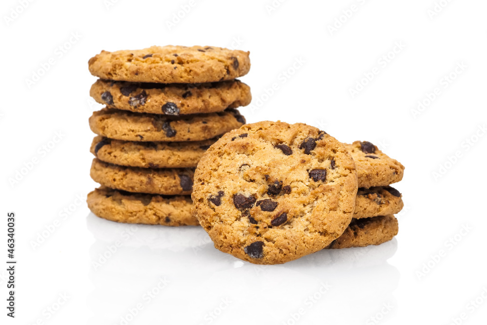 A stack of chocolate chip cookies isolated on a white background A stack of chocolate chip cookies isolated on a white background