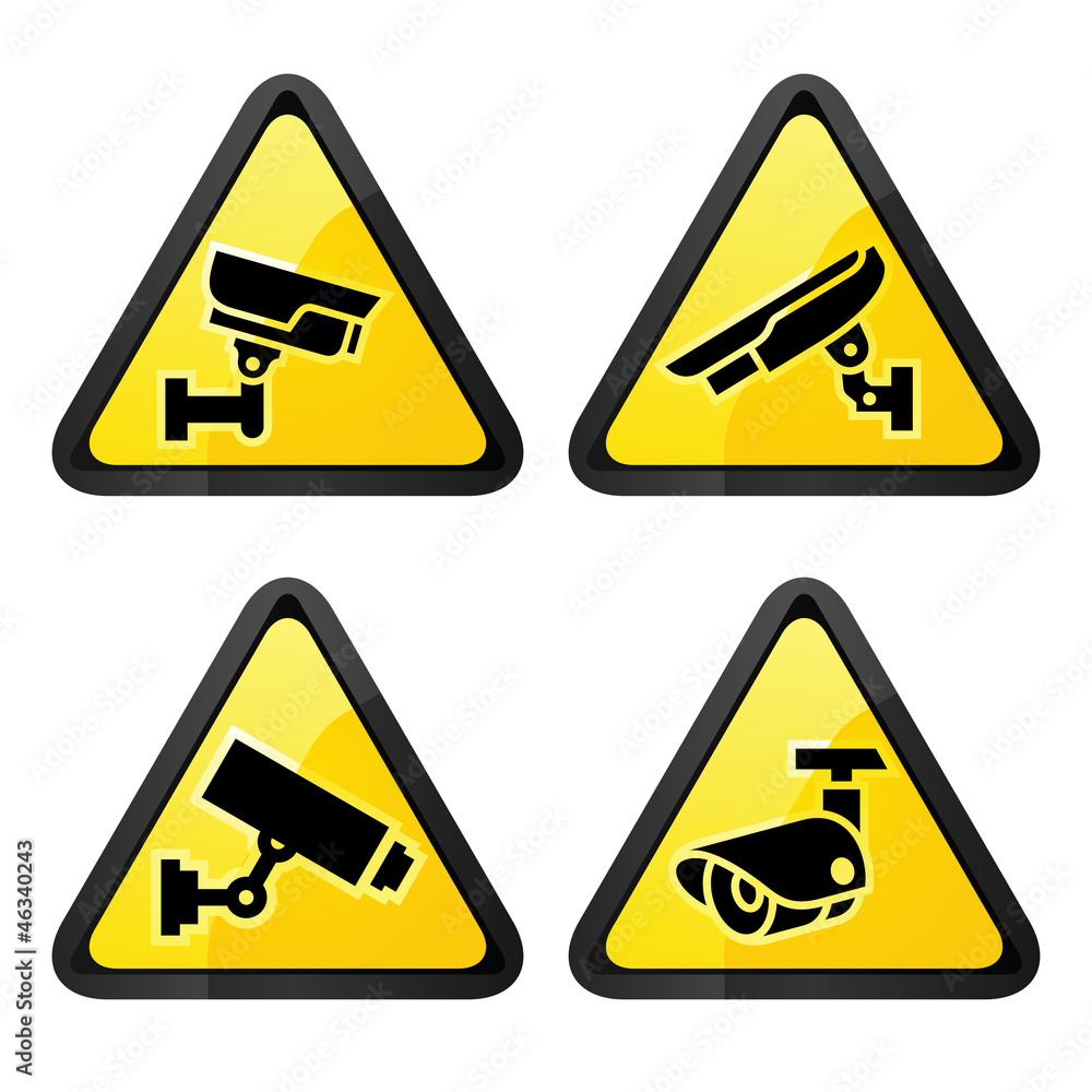 CCTV triangular labels, set symbol video surveillance