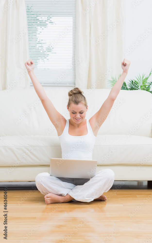 Woman having success while using internet Woman having success while using internet