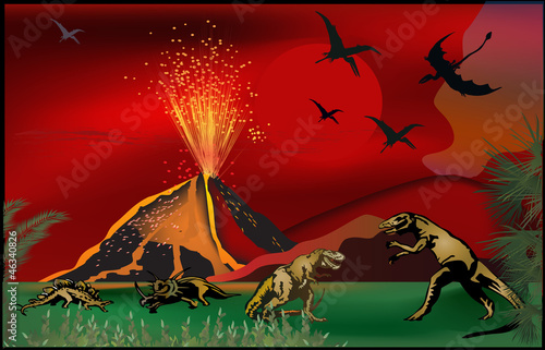 dinosaurs near volcano at sunset