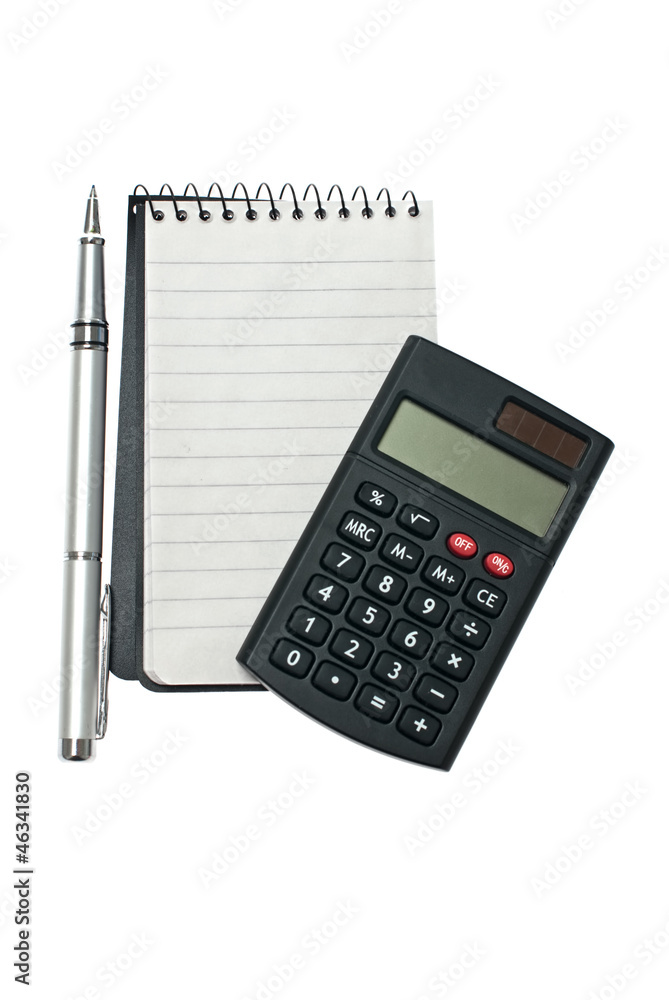 Notebook with pen and calculator. Notebook with pen and calculator.