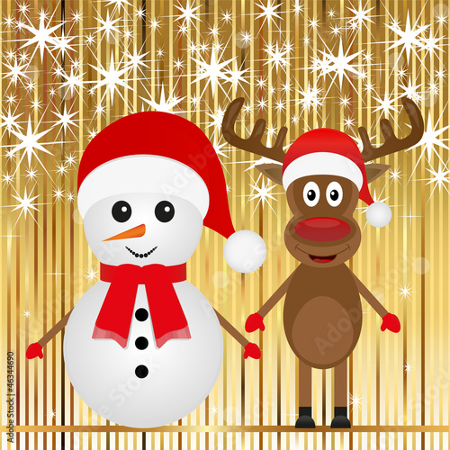 Christmas snowman and reindeer on a gold background