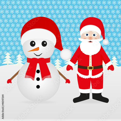 Snowman and Santa Claus in the forest