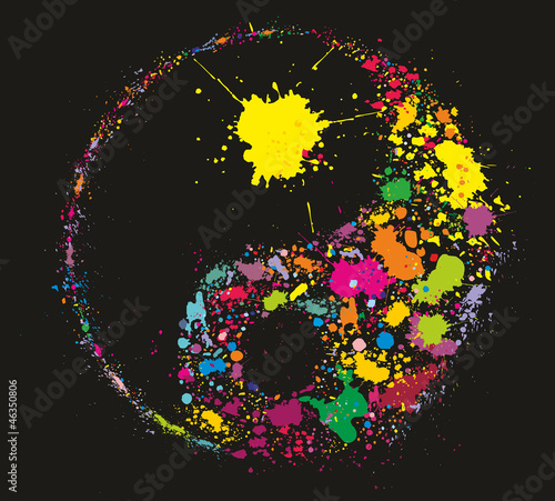 Grunge Yin Yan symbol made of colourful paint splashes