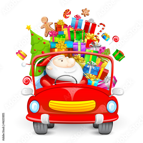Santa Claus driving car with Christmas gifts