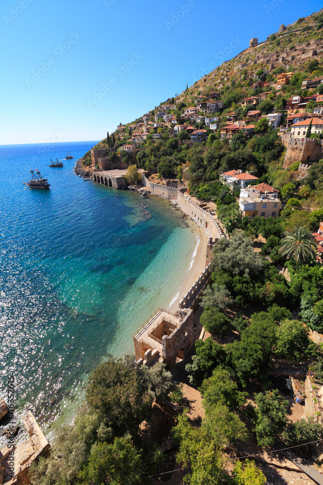 Shore of mediterranean  sea, of Alanya city, Turkey. View on old