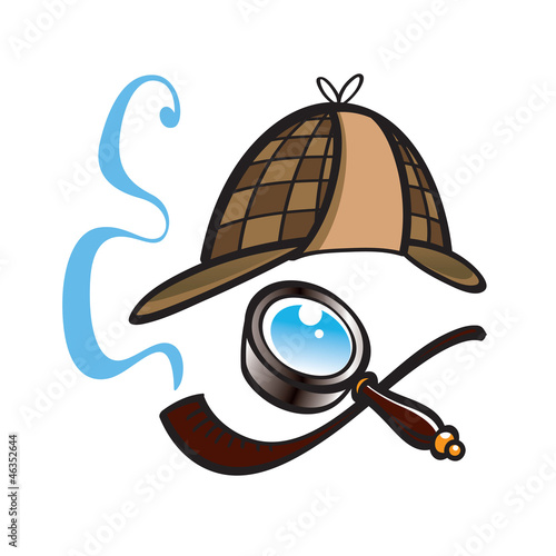Detective hat, lens and smoking pipe