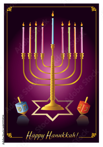 Hanukkah menorah with  candles and  dreidel