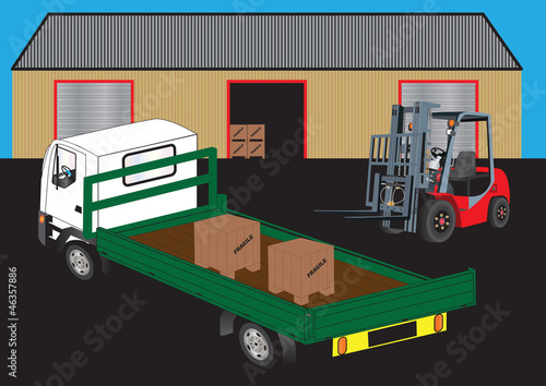 Red Fork Lift  unloading a truck outside a warehouse