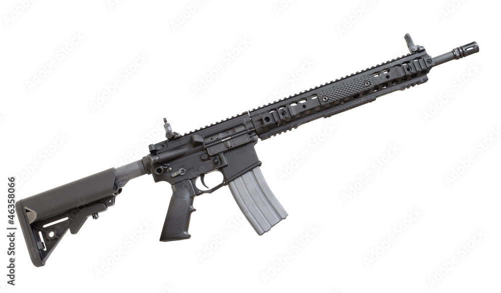 Assault rifle with a high-capacity magazine often used by the police isolated on a white background Assault rifle with a high-capacity magazine often used by the police isolated on a white background