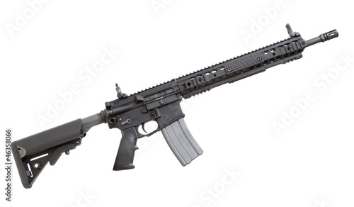 Assault rifle with a high-capacity magazine often used by the police isolated on a white background