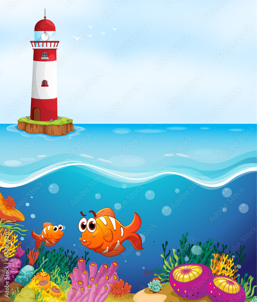 Fotobehang Onderzeeër een vuurtoren, vissen en koraal in zee #46360820