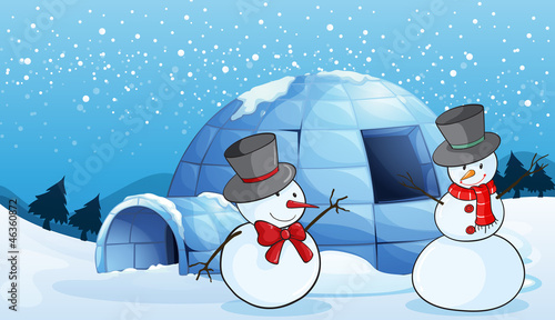 an igloo and snowmen
