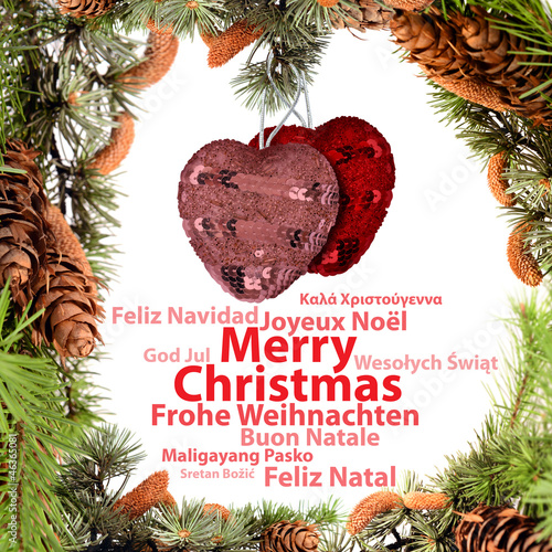 Christmas card with decorations and greetings in various languages