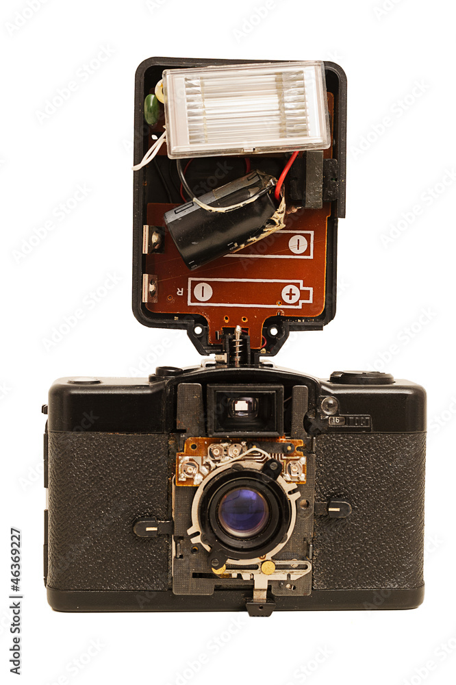 Russian old broken camera and flash