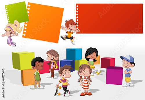 group of cute happy cartoon kids playing