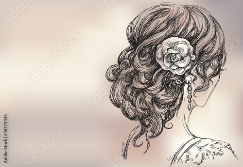 Fényképezés Vector drawing of a beautiful girl, bridal hairstyle