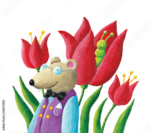 Mouse, caterpillar and tulips photo