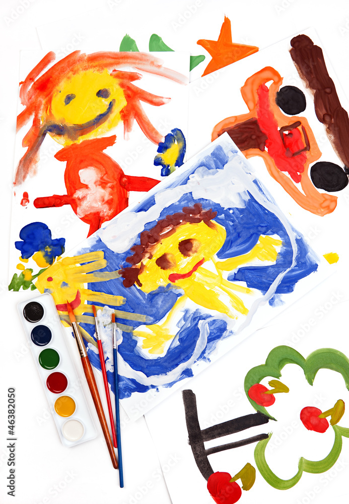 Fototapeta premium collage of children's drawings, watercolors and brushes
