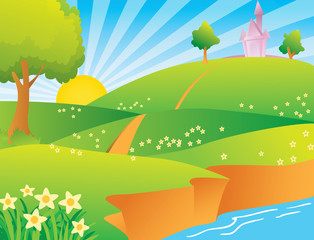 Fototapete Schloss vector illustration of a village scene at beautiful morning  © airdone