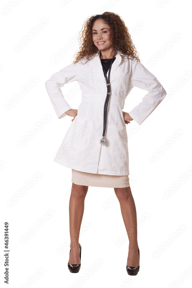 Female Physician smiles while standing like a superhero. Female Physician smiles while standing like a superhero.